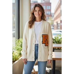 Vintage Varsity Cardigan Sweater Cream‎ RL Chenille Patch Retro Official 36